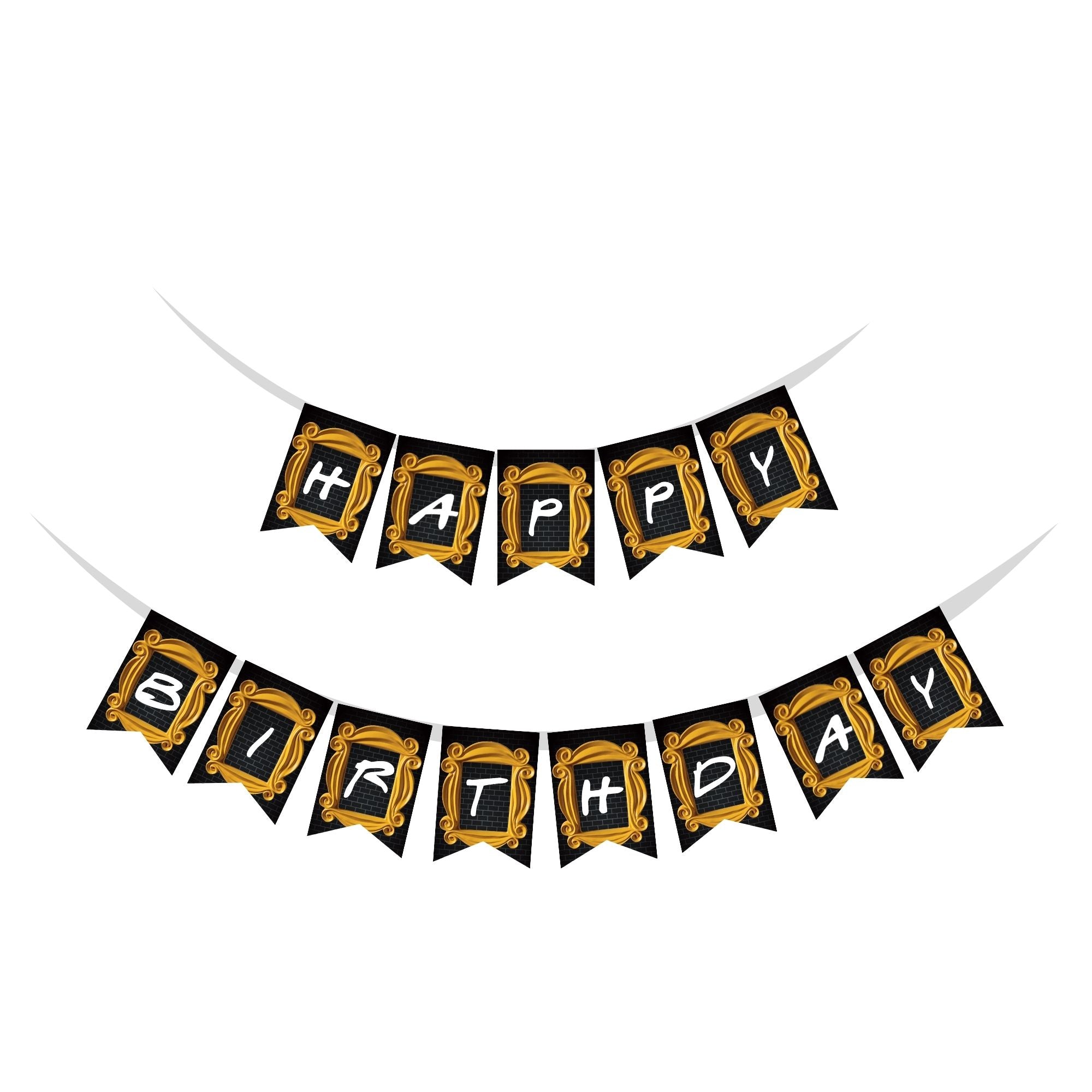 Friends Theme Happy Birthday Banner (6 Inches/250 GSM Cardstock/Black , White & Gold/13Pcs)